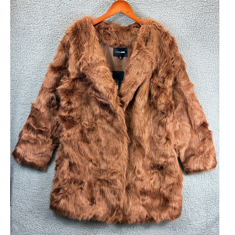 Fashion Nova Franchesca Fur II Coat Womens 1X Brown Faux Fur Warm Winter Glam